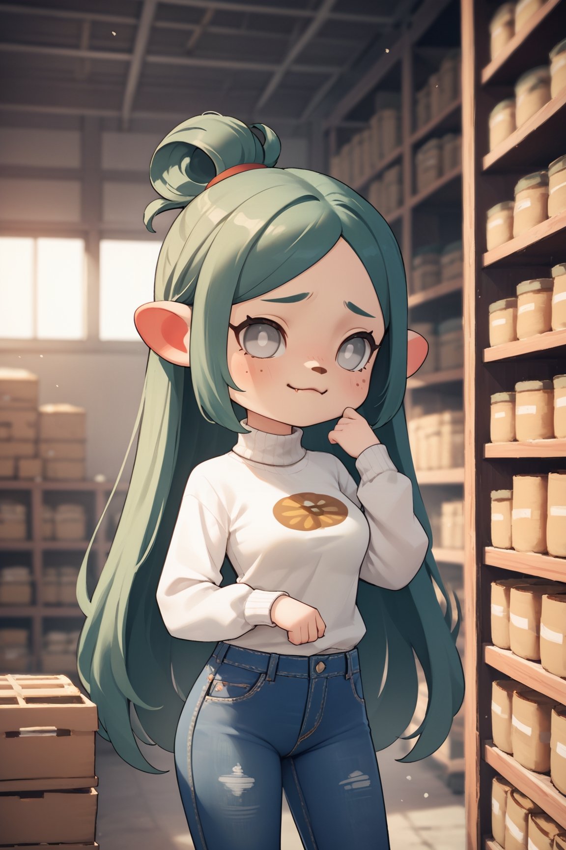 zPDXL3, score_9, score_8_up, score_7_up, score_6_up, score_5_up, score_4_up, 1girl, medium breasts, white eyes,print hair,absurdly long hair,folded ponytail,sobbing,twisted torso,turtleneck,jeans,warehouse,<lora:AnimalCrossing-v1:1> animal crossing, chibi, 