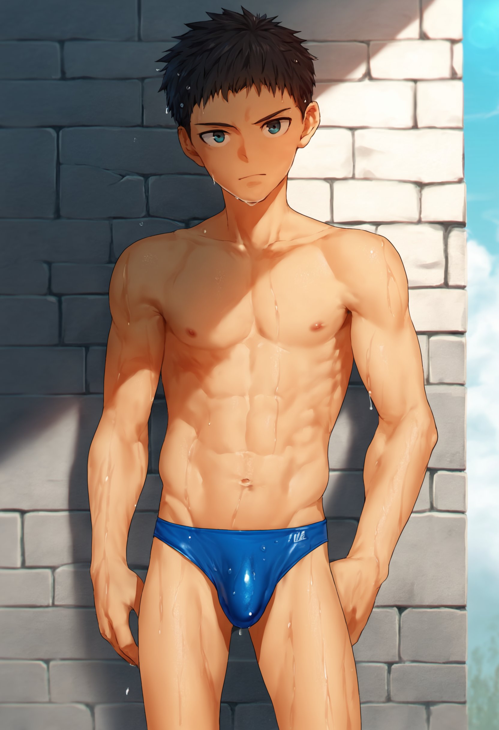 score_9, score_8_up, score_7_up, score_6_up, source_cg, outdoors, concrete wall, depth of field, chromatic aberration, sunlight, cowboy shot, 1boy, solo, muscular, looking at viewer, topless, blue speedo, wet <lora:fujimodoki-amxl-v1c-ShoAI:1>