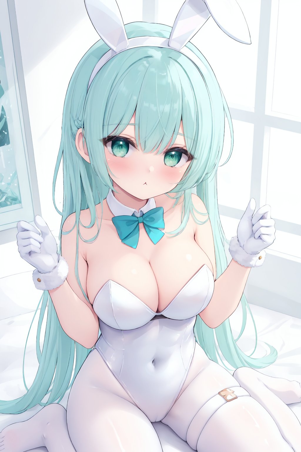 1girl,breasts,solo,gloves,long hair,green eyes,cleavage,leotard,white gloves,looking at viewer,aqua hair,white pantyhose,sitting,white leotard,thigh strap,covered navel,wariza,bare shoulders,strapless,fur trim,bangs,blush,medium breasts,playboy bunny,strapless leotard,:t,bowtie,hairband,closed mouth,collarbone,pout,hand up,large breasts,