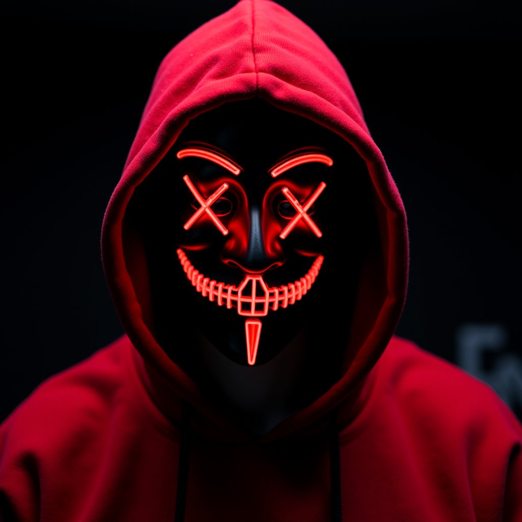 arafed man in a red hoodie with a red mask on,anonymous mask,backround dark,skimask,faceless people,faceless people dark,elaborate lights. mask on face,cyberface,8k highly detailed ❤️‍🔥 🔥 💀 🤖 🚀,8 k highly detailed ❤🔥 🔥 💀 🤖 🚀,the masks come off at night,black hood,masked face,dark backround,no face,hooded skull,smiling mask,cryptopunk,skull face,slasher smile,faceless,with no face,hoody,domino mask,cgsociety 9,cyber background,villian,no faces,wearing a mask,cypherpunk background,unsplash transparent,anonymous,hood and shadows covering face,