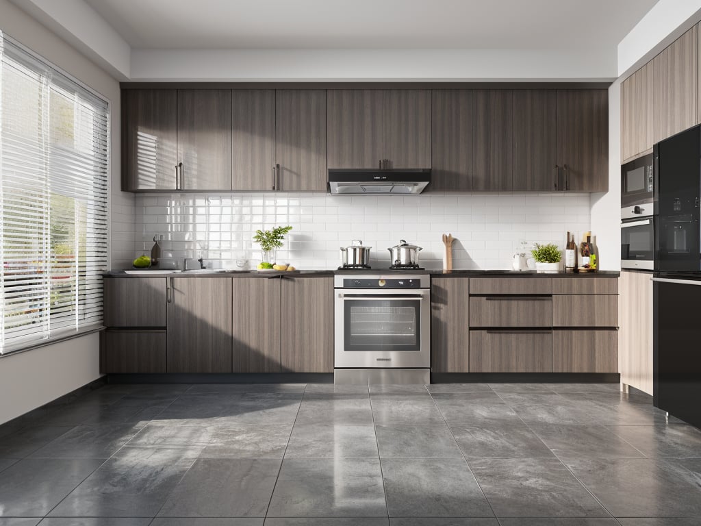 kitchen, plant, tile wall, tiles, window, fruit, indoors, food, stove, faucet, refrigerator, ceiling light, black theme, tile floor, frying pan, no humans, interior design, rendering style, cutting board, microwave, apple, kitchen knife, sunlight, window blinds, front view, grey tiles