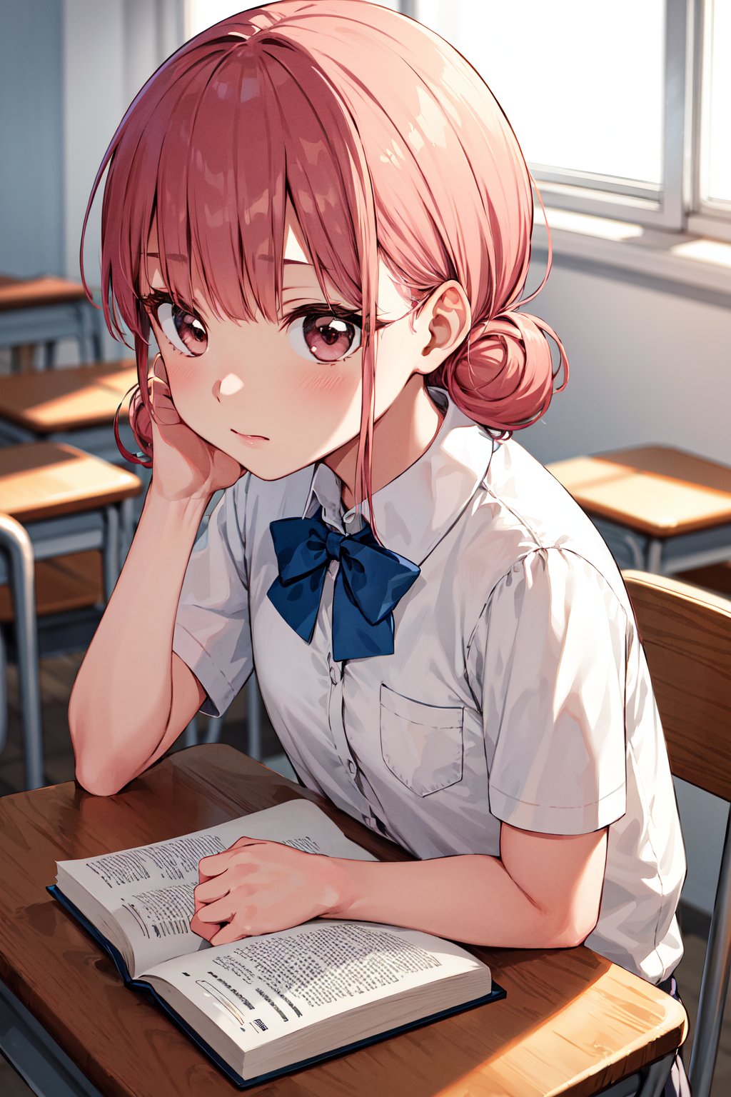 masterpiece, best quality, highres, 1girl, solo, short hair, double bun, pink hair, brown eyes, <lora:chono_hina_v1:0.7>, school uniform, classroom, sitting, desk, book, 