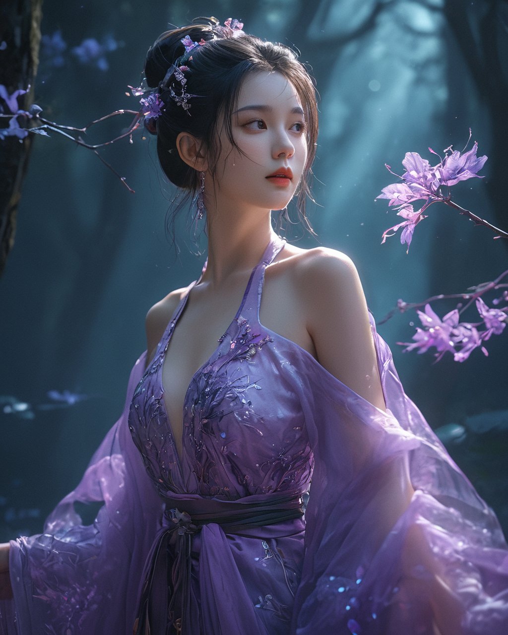 HDR photo of 1girl,chinese hanfu,bare_shoulders,breasts,bioluminescent purple flower,fabulous night forest,magical radiance,Concept art,depth of field,Raw photo,realistic,cinematic lighting,soft shadows,sharp focus,fractal,colorful,depth of field,best quality,16k resolution,vivid colors,volumetric lighting, . High dynamic range, vivid, rich details, clear shadows and highlights, realistic, intense, enhanced contrast, highly detailed