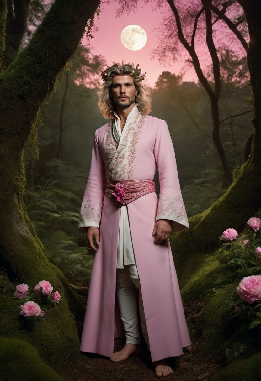 cinematic photo stylized by Tim Walker and Milton H. Greene, photograph, Ancient light-weight (full body pose:1.3) Feudal lord, in a Eastern setting, wearing clothes with Paisley accessories, his hair is Colored, Norwegian Forest Cat Tattoo, from inside a Forest, pink flowers, Moon in the night, Depressing, spotlight, Sony A9 II, Fish-eye Lens, glimmering transformation, close-up, avant-garde, highly intricate, fine artistic composition, fine polished, flowing, magnificent . 35mm photograph, film, bokeh, professional, 4k, highly detailed