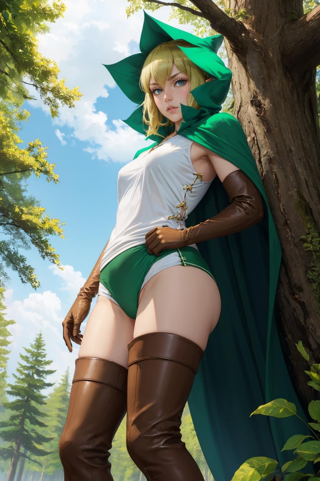 masterpiece, best quality, <lora:ryuulion-nvwls-v1-000008:0.9> ryuu, hood, green cloak, white shirt, sleeveless, green panties, elbow gloves, thigh boots, from below, standing, forest, furrowed brow, looking at viewer, sky, whole body, wide shot