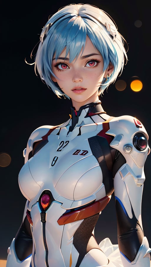 (best quality, masterpiece, colorful, dynamic angle, highest detailed)(\Rei Ayanami\), upper body photo, fashion photography of cute girl (\Rei Ayanami\), red eyes, dressing high detailed Evangelion white suit (high resolution textures), in dynamic pose, bokeh, (intricate details, hyperdetailed:1.15), detailed, moonlight passing through hair, (fantasy colors background, official art, extreme detailed, highest detailed), HDR+