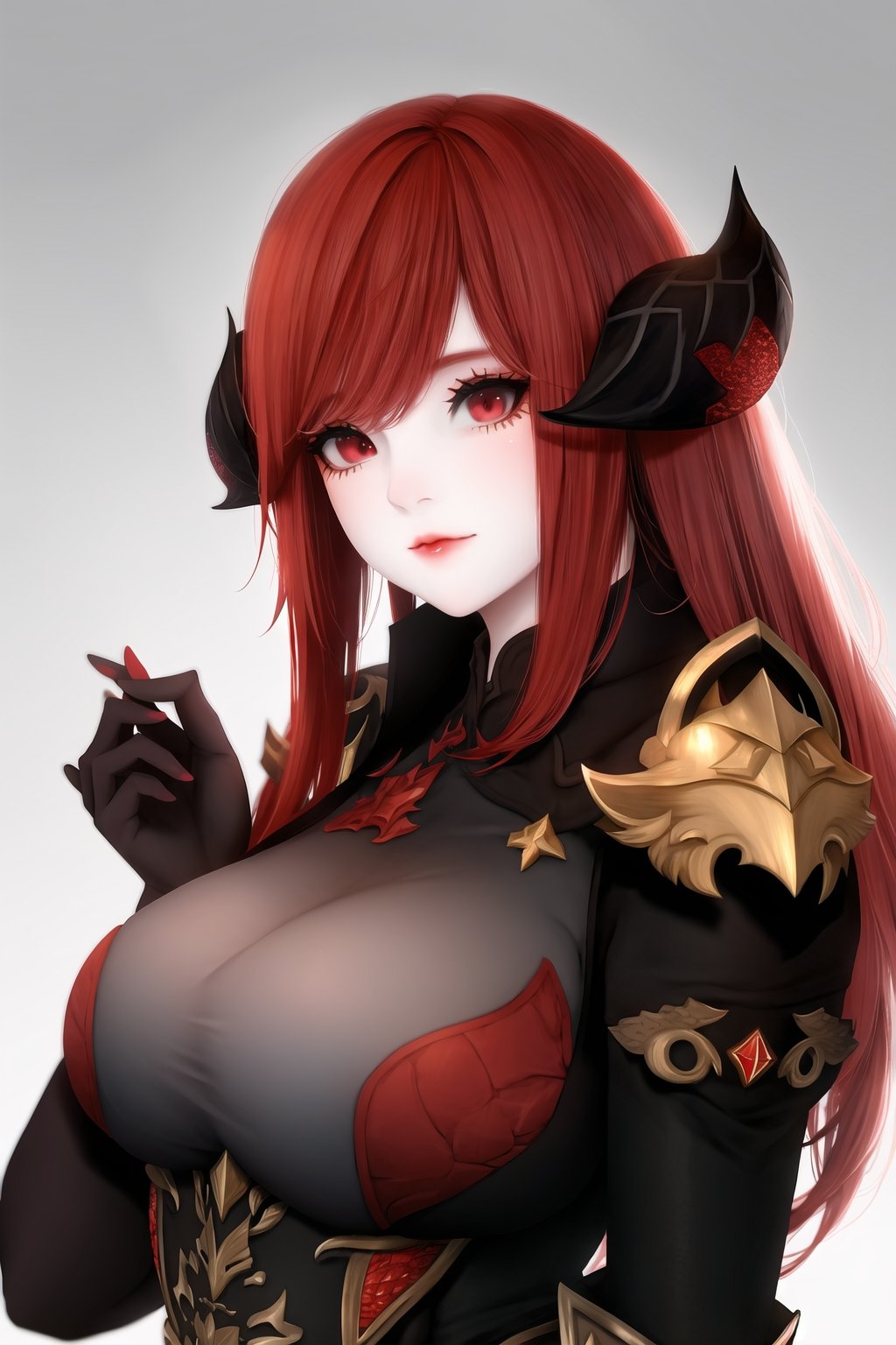 1girl, au ra, avatar \(ff14\), bangs, bodysuit, closed mouth, dragon horns, hand up, horns, kyrie-style, large breasts, lips, long hair, looking at viewer, red eyes, red hair, scales, solo, upper body, white background,(masterpiece),(best quality)