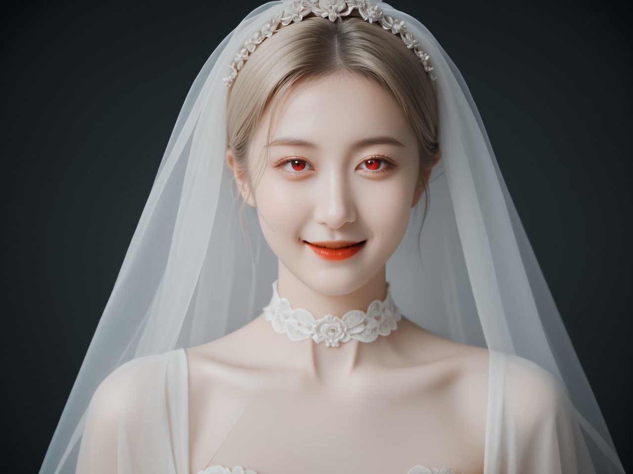 Score_9,Score_8_up,Score_7_up,breathtaking vampire bride,film photography aesthetic,the delicate texture of lace veil gently obscuring her face,long blonde hair,looking at viewer,eye eye contact,sapphire red eyes,choker,devil smile,dynamic composition,skin texture,from above,sharp focus,horror \,(theme\),dutch angle,. award-winning,professional,highly detailed,<lora:Pony_MR:0.5>,