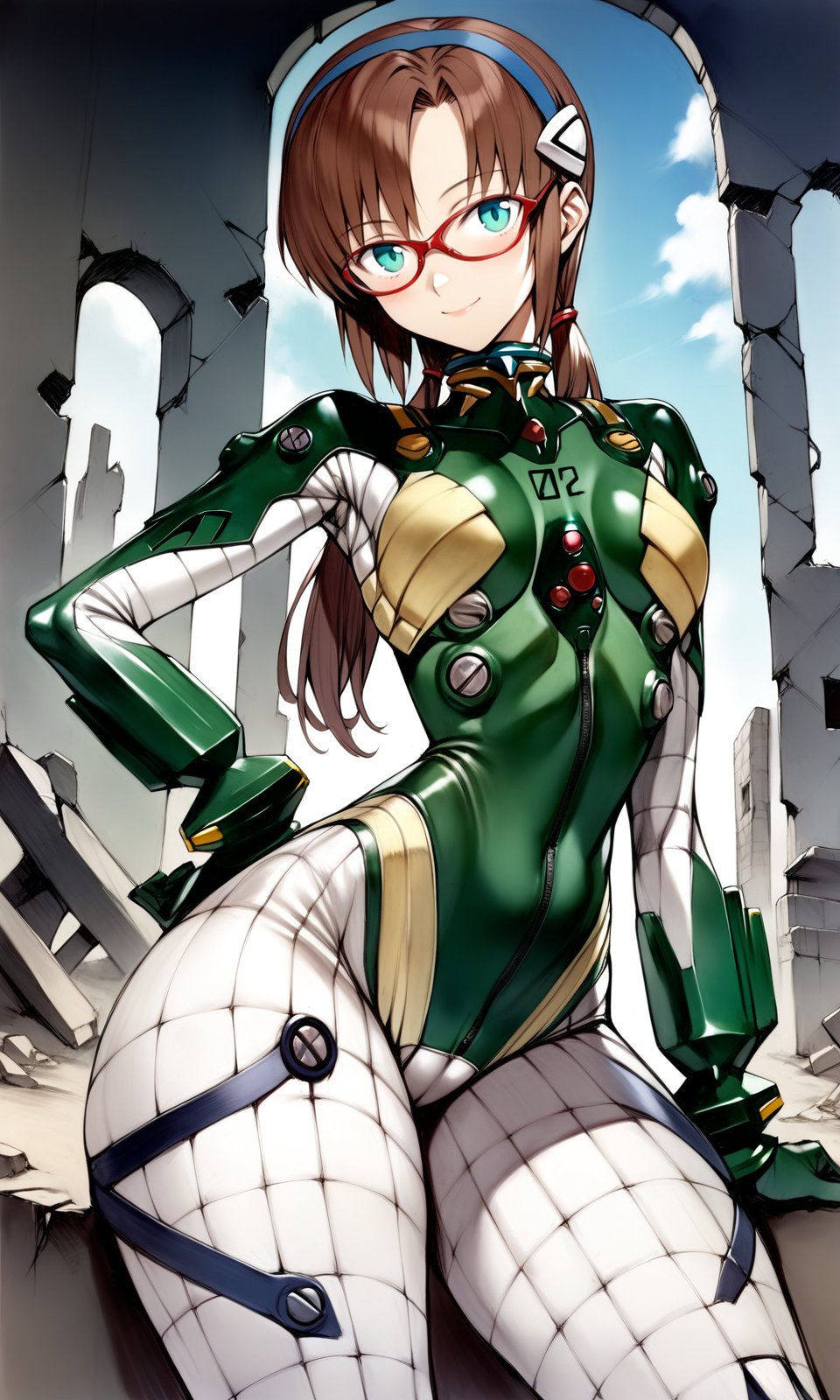 solo, 1girl, maritest, aqua eyes, hairband, brown hair, red-framed eyewear, plugsuit, bracer, quilted bodysuit, thick thighs, wide hips, looking at viewer, light smile, outdoors, ruins, masterpiece, absurdres, by nyatabe, by (mogudan:0.6), <lora:MariTestSuit_XL:1><lora:Nyatabe_XL:0.65> <lora:Fixhands_anime_bdsqlsz_V1:1> 