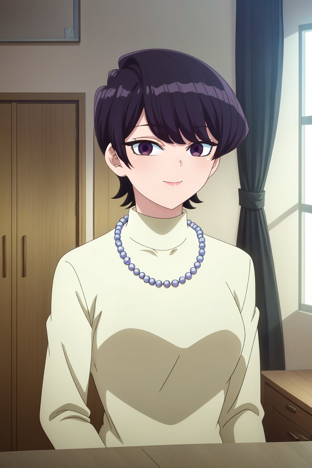 Shuuko Komi, 4k, absurd, high resolution, ultra high resolution, high definition, masterpiece, ilustration, 2d, anime style, 1girl, solo, looking at viewer, smile, short hair, black hair, jewelry, closed mouth, purple eyes, upper body, indoors, necklace, black eyes, window, mature female, pearl necklace<lora:EMS-462567-EMS:0.800000>