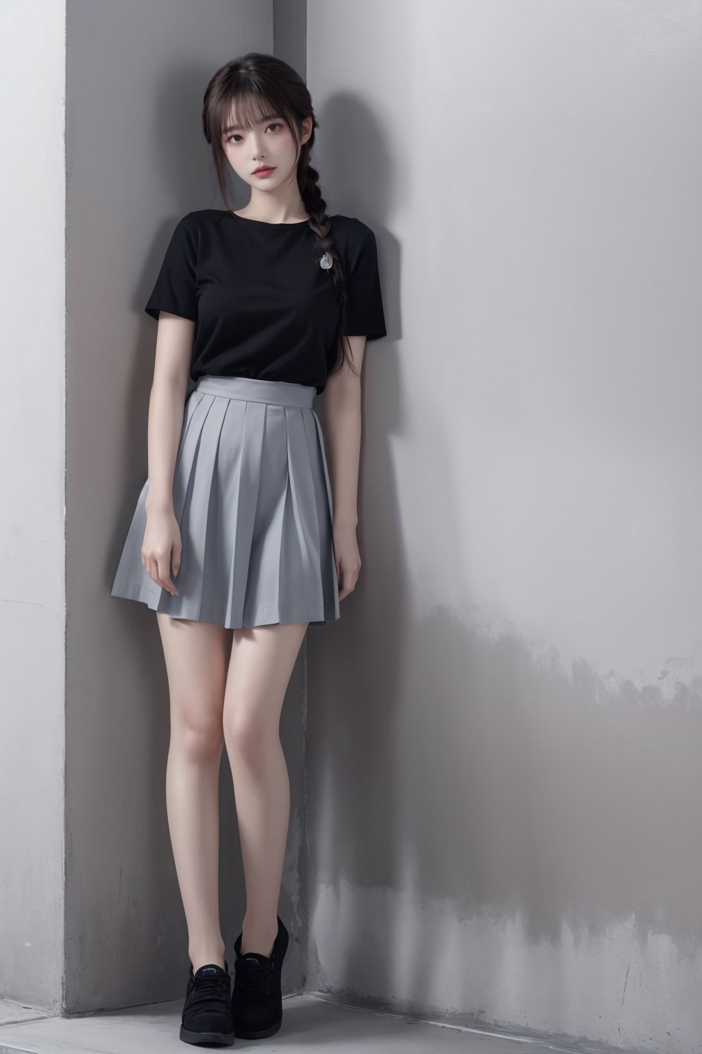 1girl, against wall, arms behind back, black hair, braid, full body, grey skirt, hair over shoulder, long hair, looking at viewer, pleated skirt, shirt, shoes, short sleeves, skirt, solo, standing, twin braids <lora:国际超模脸:0.8>