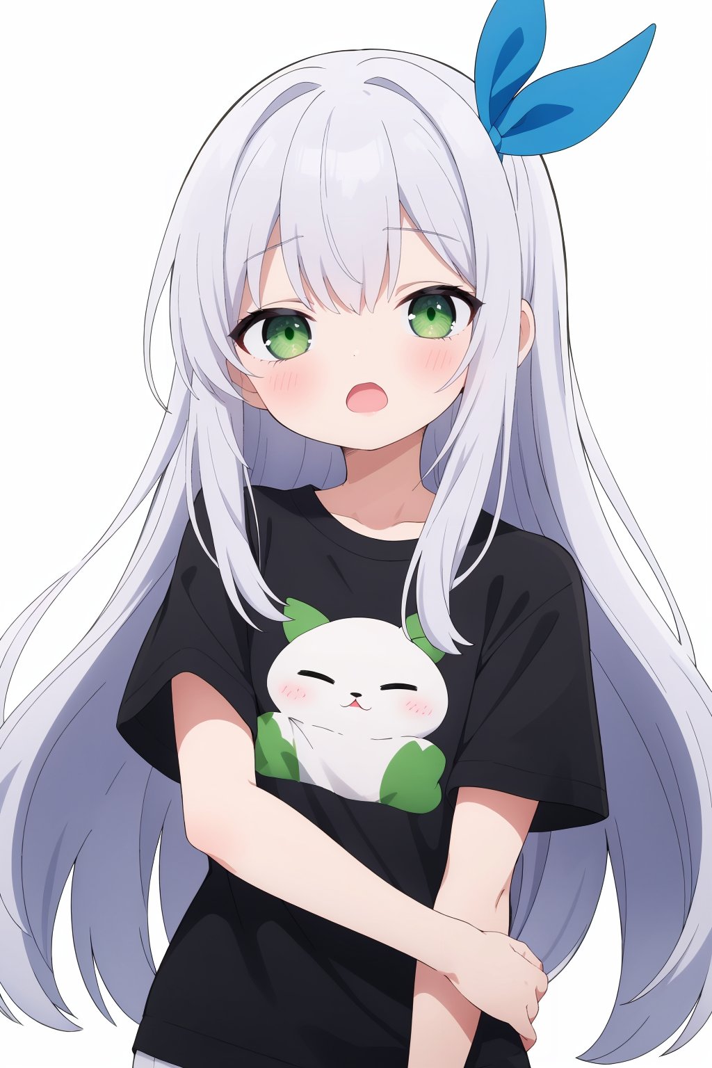 masterpiece, best quality, absurdres, solo, long hair, wavy hair, silver hair, green eyes, flat chest, oversized clothes, black t-shirt, sleepy, open mouth, half-closed eyes, hair ribbon, simple background, white background, 