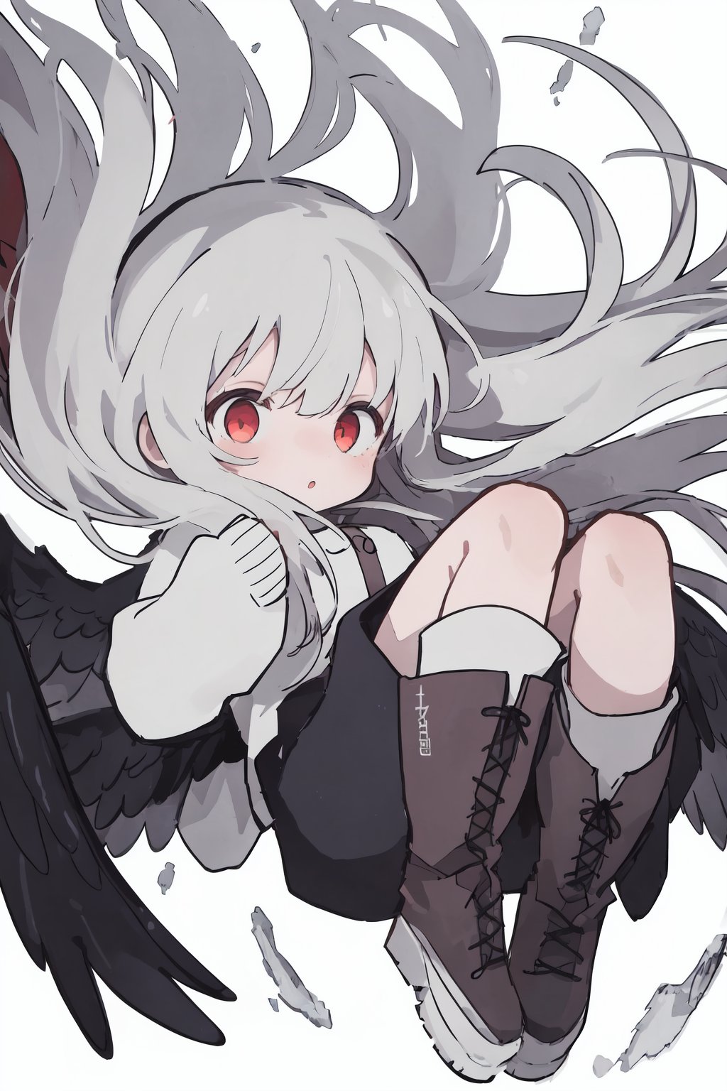 long hair,1girl,red eyes,wings,boots,white hair,falling,shoe soles,white background,solo,long sleeves,floating hair,chibi,so-style,