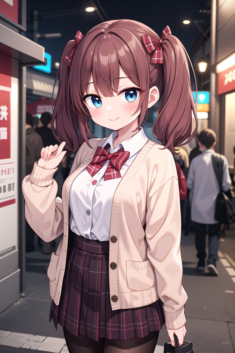 insanely detailed, absurdres, ultra-highres, ultra-detailed, best quality,1girl, solo, nice hands, perfect handsBREAK(School Uniforms:1.2), (pink cardigan is fit body:1.4), ((do up a buttons, not loose):1.5), ((long sleeve, sleeves past wrists):1.2), (inner wear is white collared-shirt:1.3), (red plaid-pattern bow:1.3), (red plaid-pattern pleated skirt:1.3), ((dark-brown pantyhose, loafers):1.2)BREAK(nsfw:-1.5)BREAKhappy smile, laugh, closed mouthBREAK,standing, cowboy shot, looking at viewerBREAKslender, kawaii, perfect symmetrical face, ultra cute girl, ultra cute face, ultra detailed eyes, ultra detailed hair, ultra cute, ultra beautifulBREAKin street, cityscape in harajuku, depth of field, ultra detailed backgroundBREAKmedium large breastsBREAKhime cut, (low twintails:1.3), messy hair, medium hair, (red brown hair, dark blue eyes:1.3)<lora:eyecolle_torenia_v100:0.5> <lora:eyecolle_nadeshiko_v100:0.5>