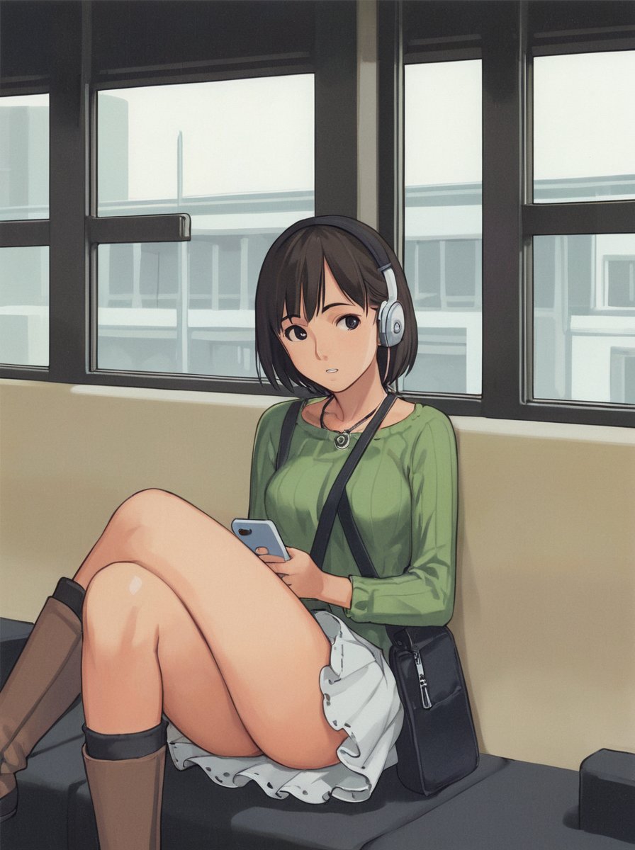 score_9_up,score_8_up,score_7_up, <lora:comiclo-xl-pony:0.7>,1girl, solo, crossed legs, skirt, sitting, strap between breasts, brown hair, bag, phone, short hair, headphones, train interior, between breasts, boots, cellphone, necklace, long sleeves, jewelry, parted lips, breasts, holding, watermark, bangs, miniskirt, socks, brown footwear, shirt, window, handbag, thighs, smartphone, frills, medium breasts, shoulder bag, earphones, holding phone, looking to the side, looking away, brown eyes, iphone, black eyes, digital media player, pleated skirt, frilled skirt, cable, green shirt, indoors, knee boots, legs, layered skirt, white skirt, 