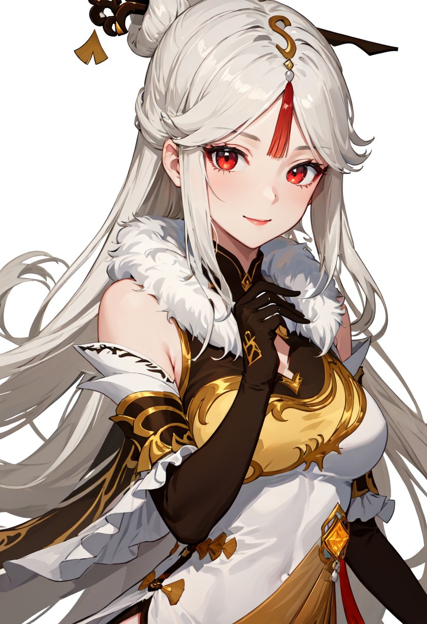 best quality, masterpiece, highres, solo, (ningguang_genshin:1.10), 1girl, black gloves, china dress, detached sleeves, elbow gloves, fur collar, hairpin, looking at viewer, smile, white dress, bare shoulders, hair stick, white background, claw ring, simple background, closed mouth, fur trim, medium breasts, 4 <lora:ningguang_genshin:0.80>