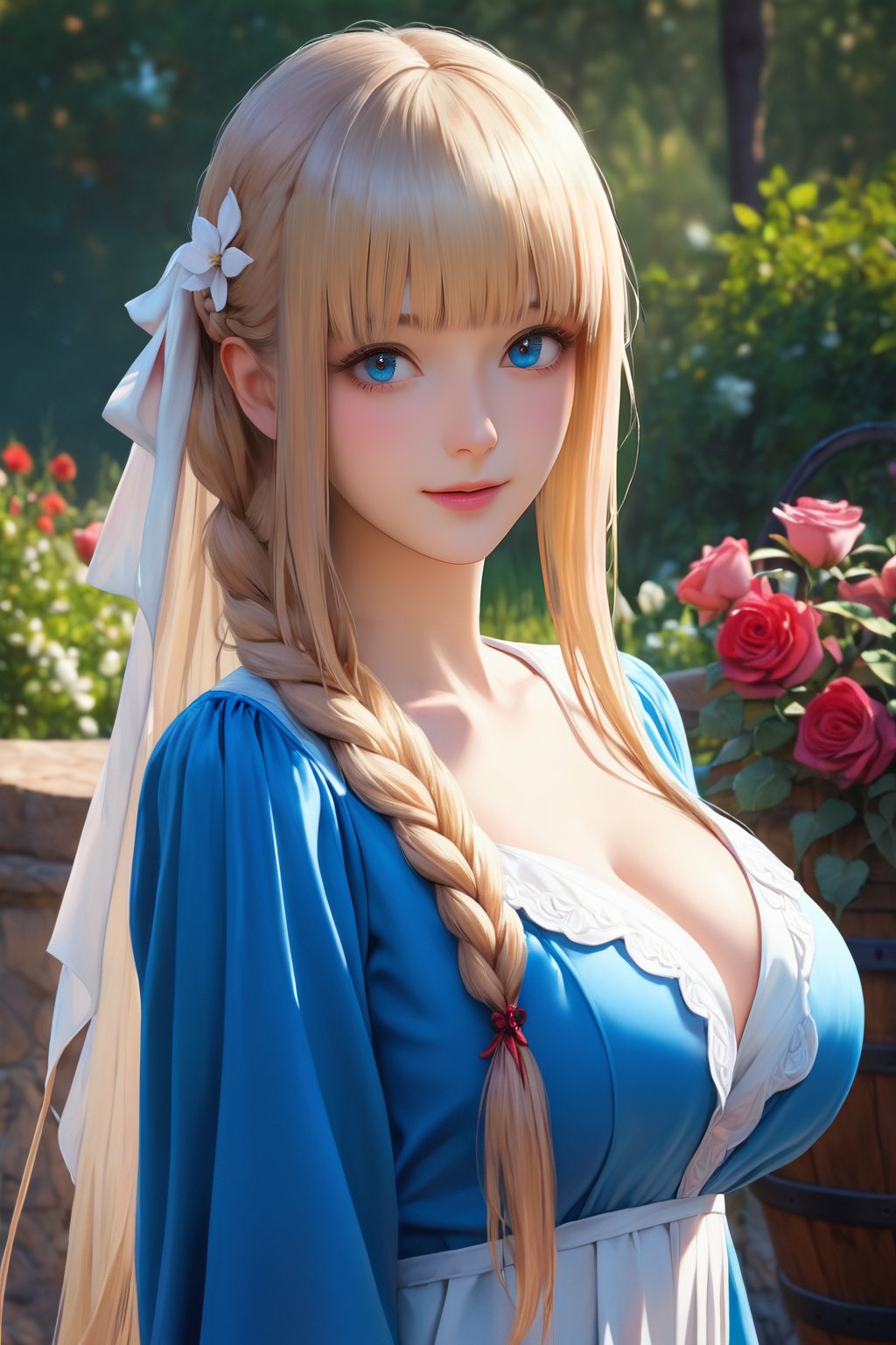 score_9, score_8_up, score_7_up, score_6_up,score_anime, (realistic,real,photorealistic:1.1),cowboy shot,1girl,gigantic breasts, , :d, blonde hair, blue dress, blue eyes, blunt bangs, blush, braid, braided bangs, breasts, cleavage, collarbone, dress, flower, from side, hair flower, hair ornament, hair ribbon, head tilt, long hair, long sleeves, looking at viewer, looking to the side, open mouth, outdoors, pleated dress, ponytail, red ribbon, ribbon, rose, sidelocks, smile, solo, standing, upper body, very long hair, white background, white flower, white rose, wide sleeves, (best quality:1.3)