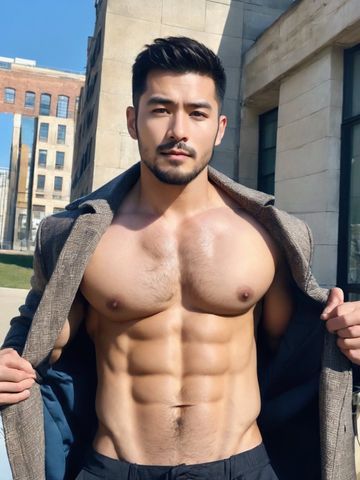 1boy, male focus, solo, bara, pectorals, muscular male, muscular, large pectorals, short hair, navel, abs, outdoors, open clothes, facial hair, nipples, pants, black hair, looking at viewer, day, bare pectorals, sky, coat, beard, mature male, open coat, manly, building, artist name, realistic, chest hair, masterpiece,best quality,