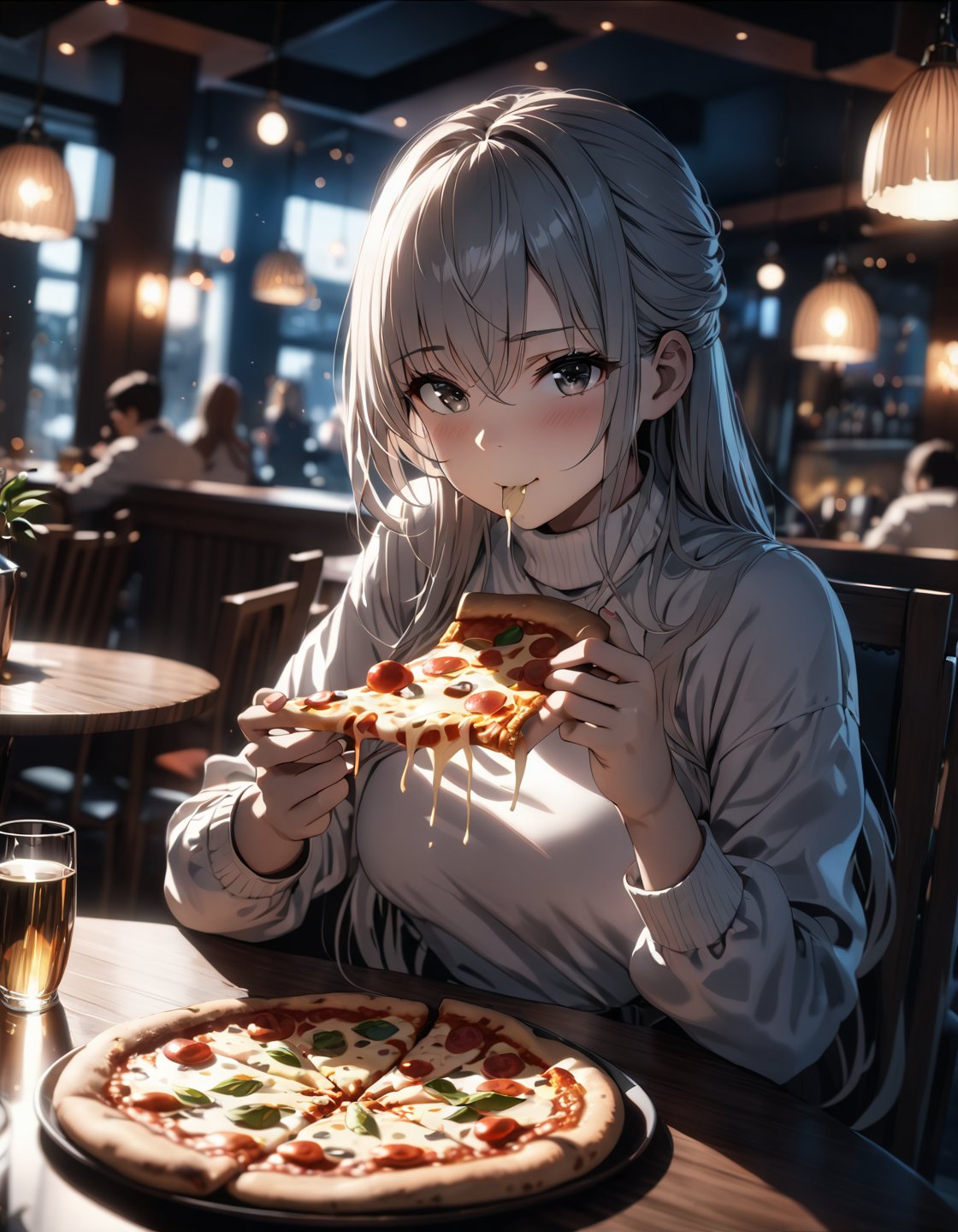 anime,1girl,white long hair,gray eyes, white shirt, long sleeves, turtleneck, sitting, looking at viewer,( eating holding pizza :1.5), pizza, plate, fork, knife, table, chair, table, restaurant, cinematic angle, cinematic lighting, masterpiece, best quality(Depth of field hdr 8k 4k wallpaper cinematic angle, cinematic lighting,:1.5) (masterpiece, best quality:2.0), (Depth of field hdr 8k 4k wallpaper cinematic angle, cinematic lighting,:1.5) (masterpiece, best quality:1.75)