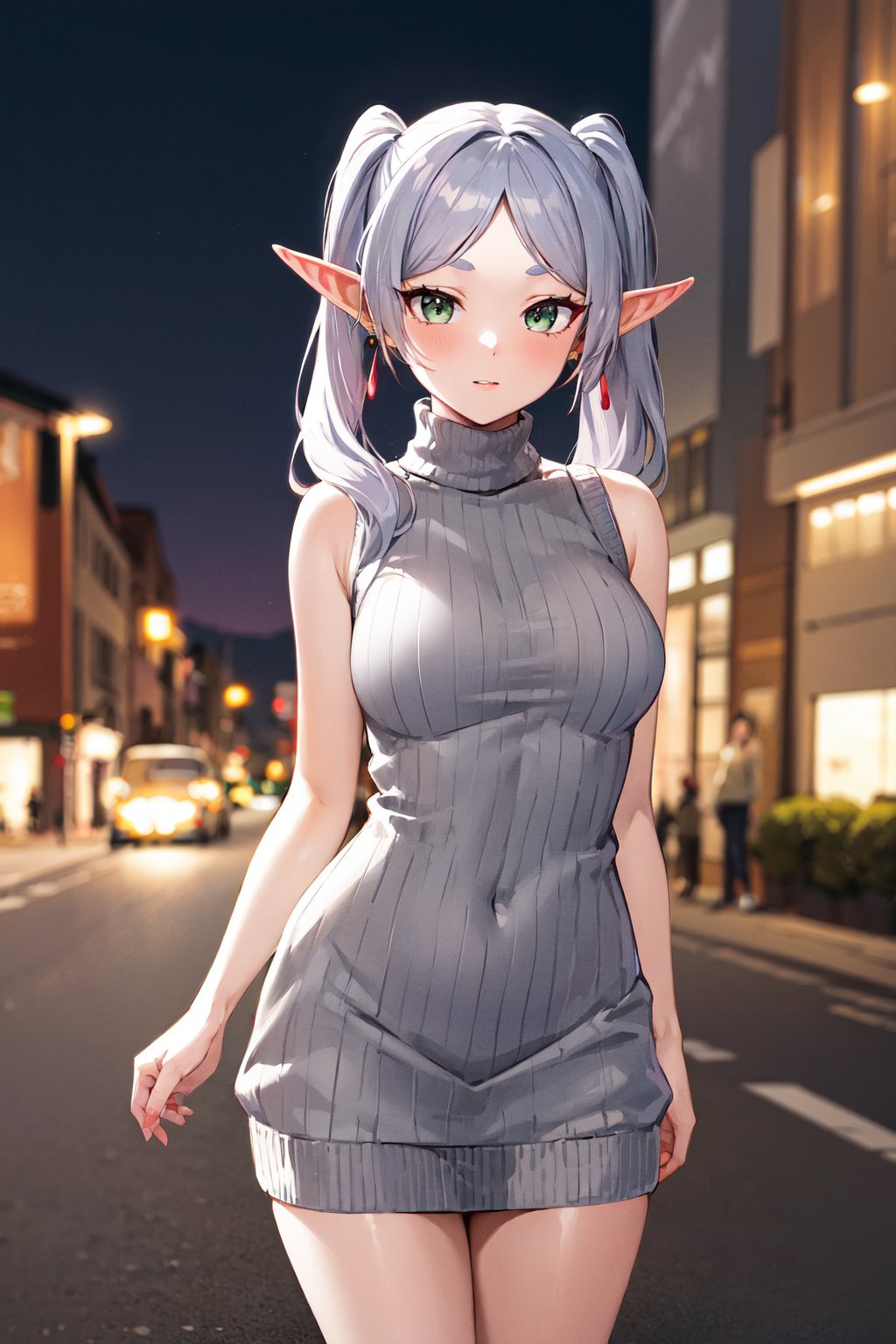 masterpiece, best quality, highres, aafrie, long hair, white hair, twintails, pointy ears, earrings, thick eyebrows, <lora:frieren_v1:0.7>, standing, street, night, sweater dress, virgin killer sweater, turtleneck, sleeveless