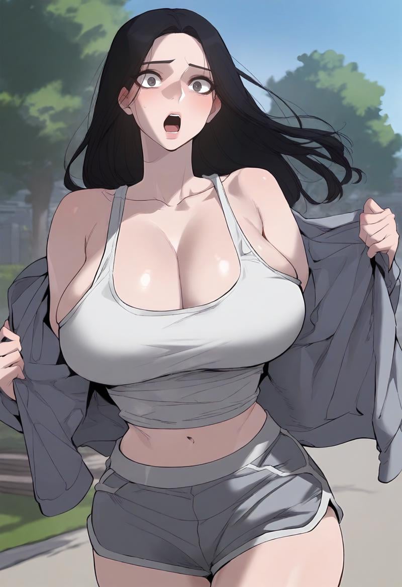 score_9, score_8_up, score_7_up, score_6_up, source_anime, rating_explicit, 1girl, (solo:1.1), huge breasts,<lora:Baek Suzy prefectPonyxl:0.85> black hair, long hair, grey eyes, black eyes, grey hoodie, grey jacket, long sleeves, white tank top, cleavage, collarbone, crop top, midriff, navel, grey shorts, short shorts, dolphin shorts, surprised, park, outdoors, looking at viewer, standing, close-up