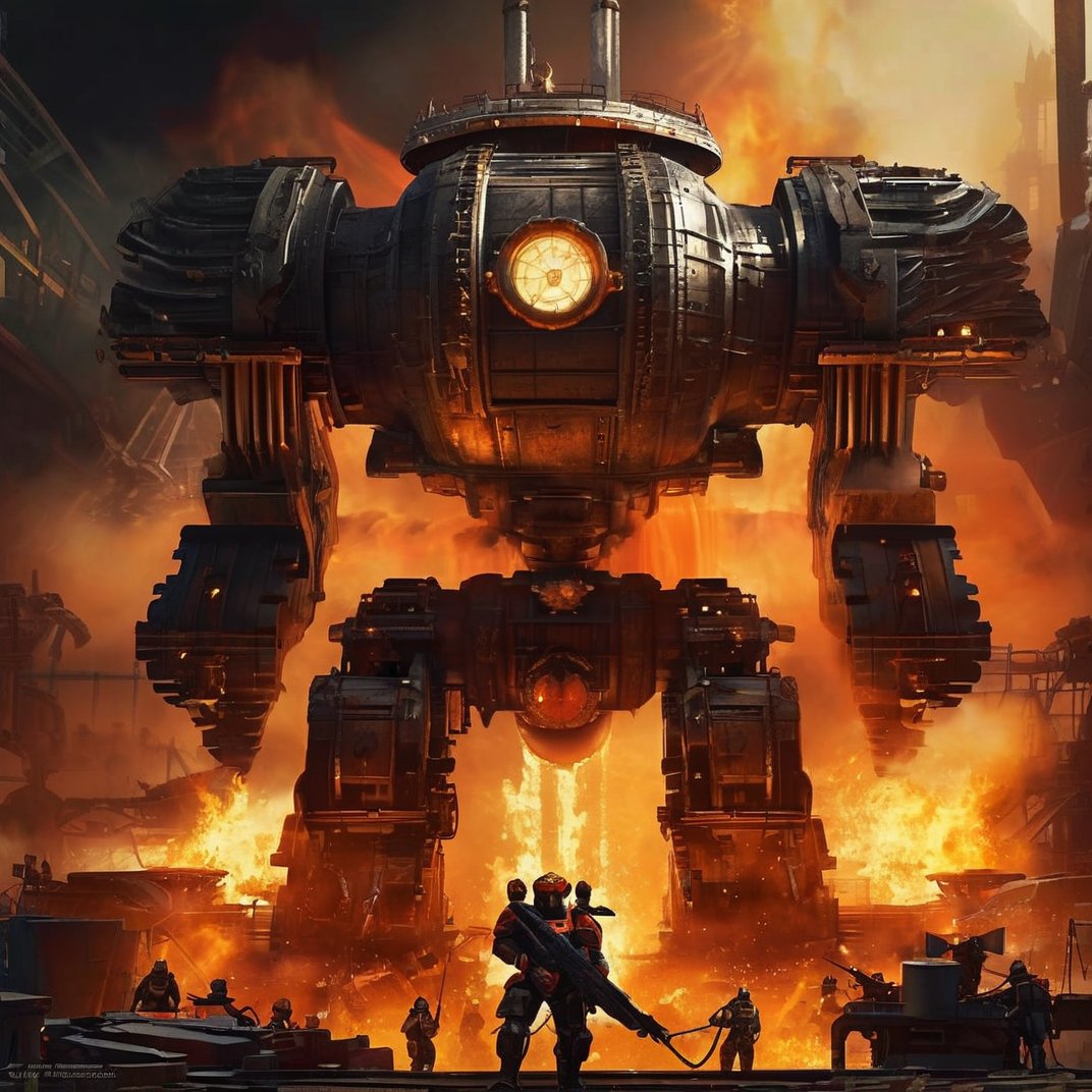 <lora:cg-000002:0.8>,Game CG style,at the center of the image is a large mechanical structure,surrounded by flames and smoke. it looks like a huge machine or equipment has been damaged or is burning. artistic style: the image appears to be a digital artwork or illustration,focusing on detailed textures and lighting effects. composition: the composition of the image emphasizes the mechanical structure of the center,using contrasting colors and light sources to create depth and drama. image quality: high resolution,realistic texture,