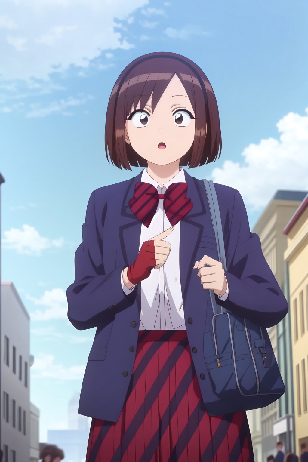 Ayami Sasaki, 4k, absurd, high resolution, ultra high resolution, high definition, masterpiece, illustration, 2d, anime style, 1 girl, alone, short hair, open mouth, skirt, brown hair, shirt, gloves, long sleeves, bow, school uniform, jacket, white shirt, outdoors, open clothes, sky, day, striped, collared shirt, cloud, fingerless gloves, bow tie, bag, :o, black eyes, red bow, open jacket, blue sky, red skirt, blazer, blue jacket, red gloves, clenched hands, striped bow, striped skirt<lora:EMS-466062-EMS:0.800000>