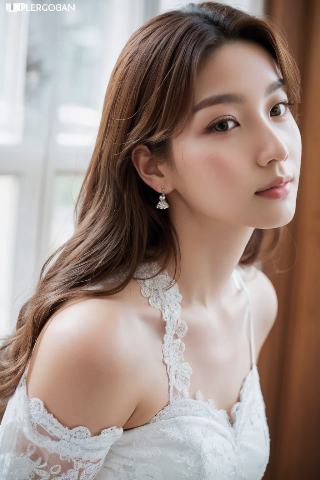(masterpiece:1.35), (best-quality:1.4), 8k, ultra-detailed, photography, (ultra-realistic:1.4), adult lady, posing to viewer, solo:1, pov, long hair, upper body, ((close shot)), simple background, white wedding lace dress,