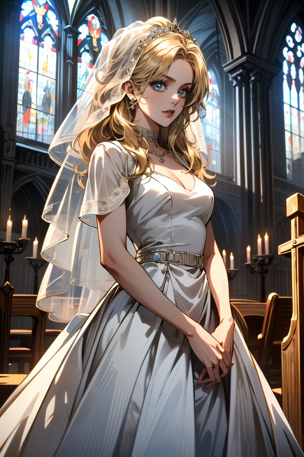 ((ultra detailed, masterpiece, absurdres)) <lora:I2BlackCanary:0.8>I2BlackCanary, 1girl, long hair, blonde hair, blue eyes, wearing a wedding dress, bridal veil, inside a church