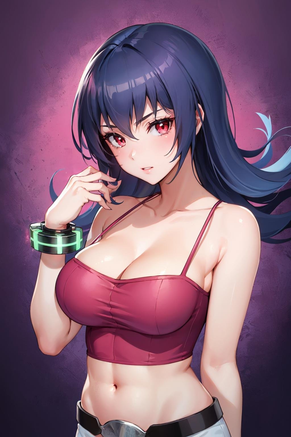masterpiece, best quality, <lora:sabrina-nvwls-v1-000009:0.9> hgsssabrina, medium hair, bare shoulders, cleavage, pink camisole, midriff, belt, white pants, bracelet, large breasts, looking at viewer, gradient background, purple background, upper body