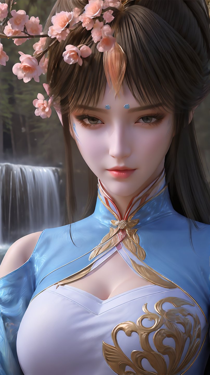 fqr,1girl,solo,blue chinese clothes,black hair,long hair,clothing cutout,cleavage cutout,looking at viewer,breasts,white long sleeved,closed mouth,forehead jewel,long sleeves,shoulder cutout,facial mark,realistic,flower field,sky,river,mizu,large breasts,white bra,,,waterfall,peach_blossom,high saturation,high_contrast,portrait,<lora:QYpifuV1:1>,<lora:玫瑰花场景-王导:0.6>