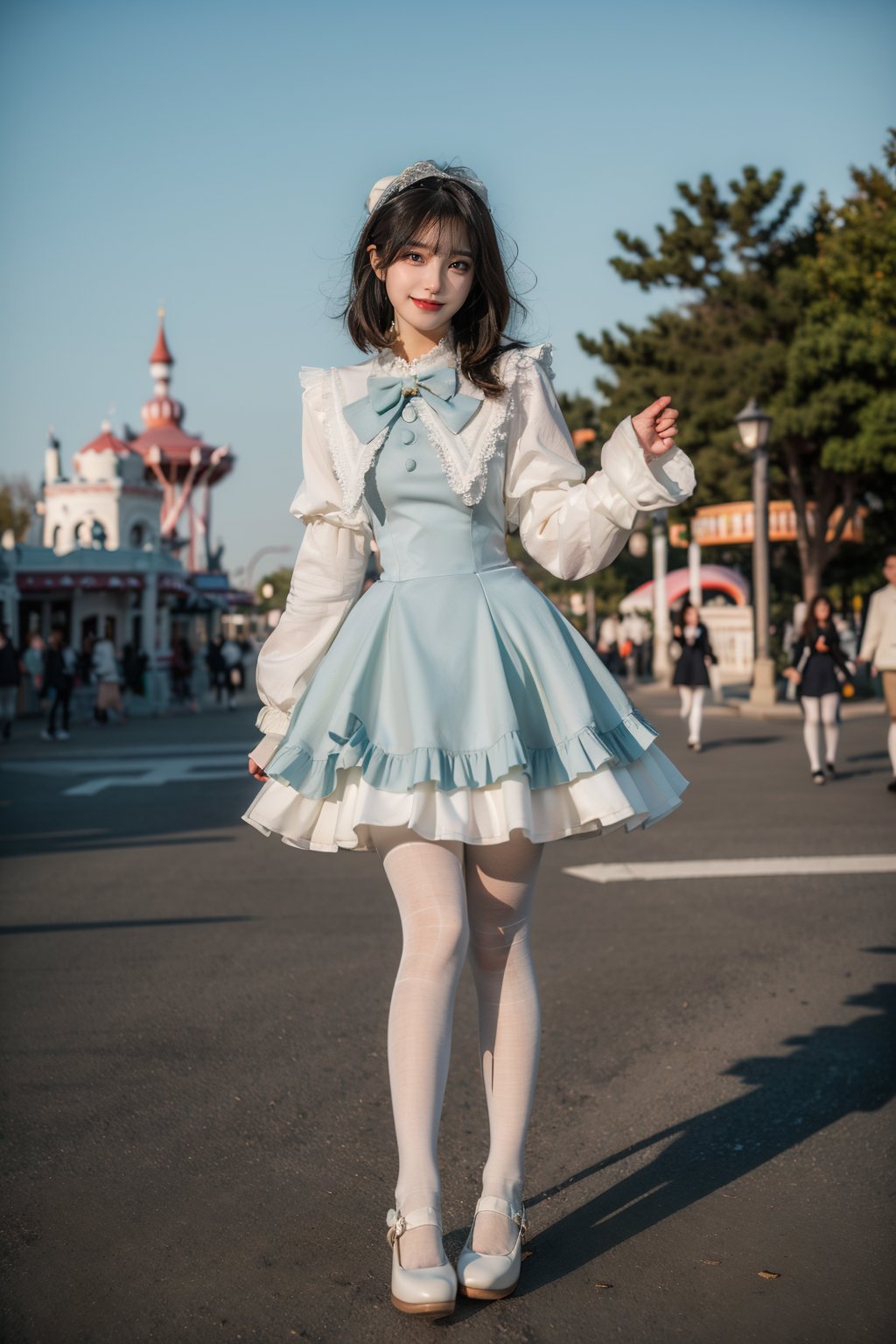 best quality, masterpiece, photorealistic, 1girl, solo, long straight black hair, blunt bangs, looking at viewer, smile, full body, standing, cyb dress, blue dress, long sleeves, puffy long sleeves, bow, (white pantyhose:1.4), mary janes, amusement park, people, <lora:cute_dress_style1_v1:0.7>