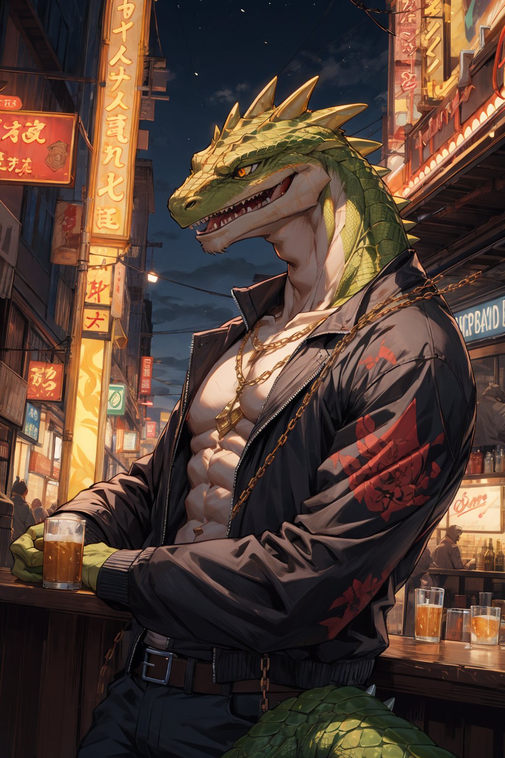 (From above:0.8),best hands,best quality, (official art:1.15),ultra detailed 8k art),(upper body, focus green lizard man,lizard yellow eyes,anthro:1.2),(gangster,From front,scales),big tattoo on chest BREAK(muscular:1.2) ,(intricately carved gold spikes), metropolis,night party,Drink a large glass of beer,lean on metal railing,(night bar),gold claw BREAK scary face,(close-up face),night view,A black jacket opens,golden chain necklace,old scar on half of face,(anthros crowd),neon light,roll up the sleeves