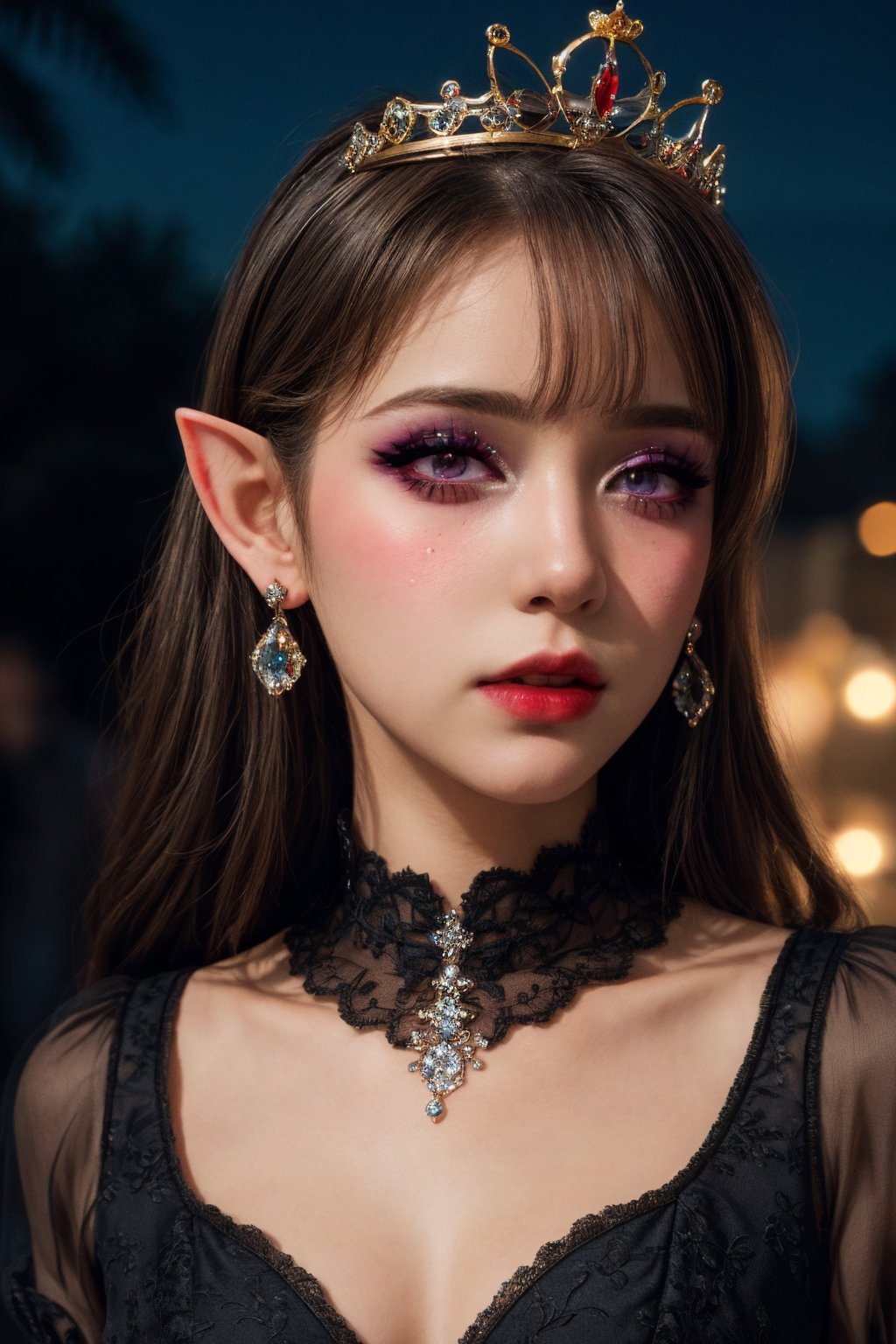 masterpiece,best quality,realistic,highres,Highly detailed,blurry background,1girl,((portrait)),close-up,bangs,elf,elf ear,crystal earrings,((crown)),crystal crown,(black dress),(juliet sleeves),corset,red_bow,collar,<lora:add_more_details:0.5>,((night)),fluorescent plant,neon lights,<lora:暗夜精灵1.0_v1-000018:0.8>,