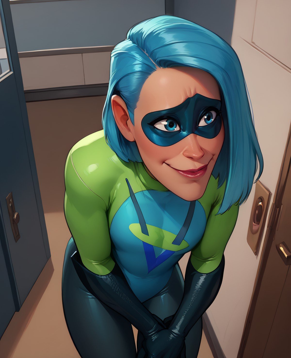 score_9,score_8_up,score_7_up,score_6_up,Voydxl,blue hair,blue eyes,lips,own hands together,nervous smile,domino mask,bodysuit,gloves,  leaning forward, from above, office,ndoors,<lora:VoydXL-3-TI11:0.9>,