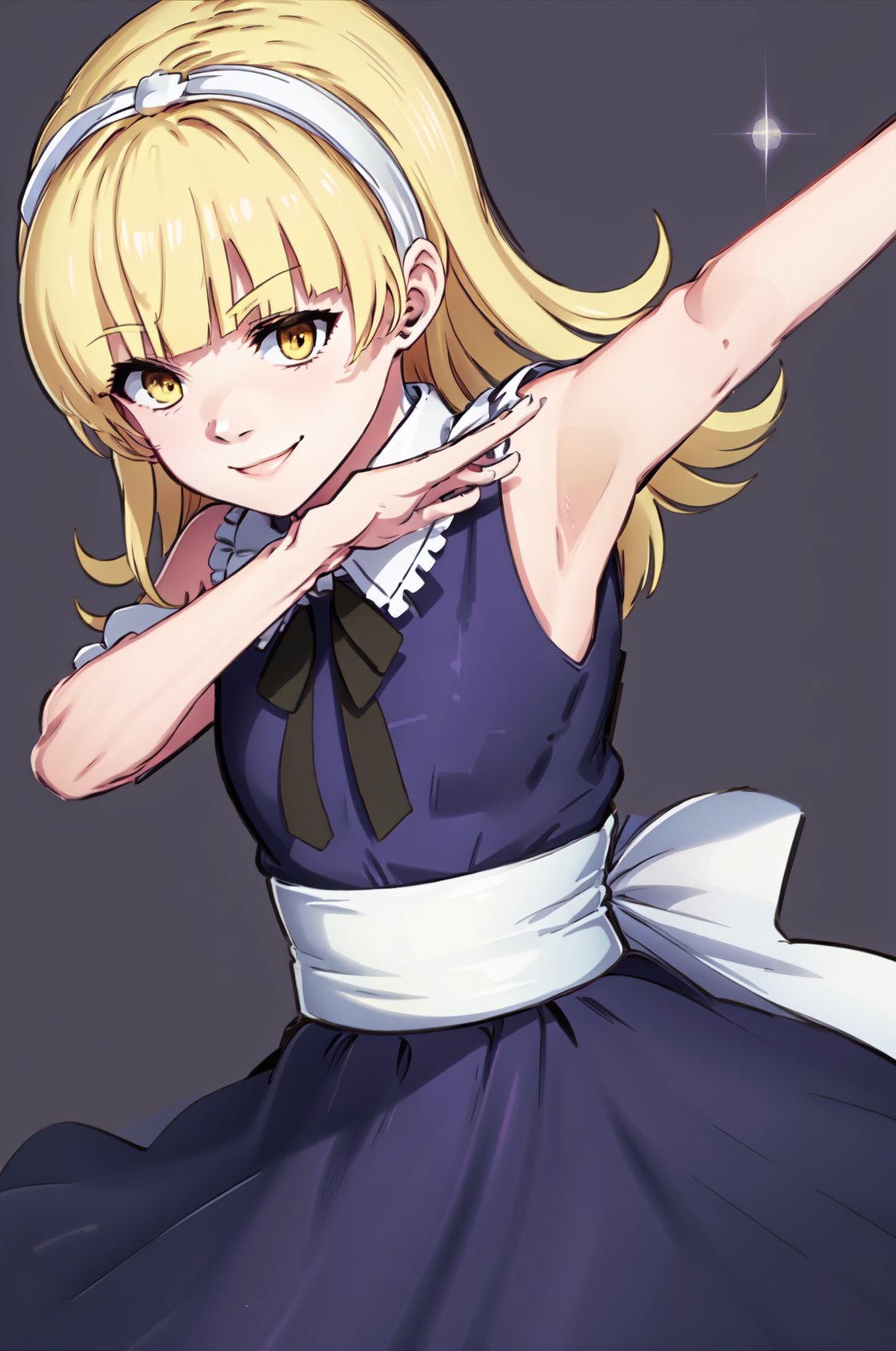 <lora:concept_dabdance:.9> (((dab dance))),  <lora:alice:1>alicesmt, blue dress, long hair, blonde hair, hairband, blunt bangs, puffy sleeves, blue dress, yellow eyes, light smile