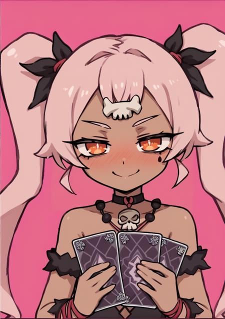 1girl, solo, dark skin, evil, evil smile, orange eyes, pink hair, messy hair, twintails, playing card, cavewoman, fur, bone hair ornament, jewelry prehistoric, evil smile, closed mouth, blush, pink background, simple background  <lora:rabbit_hole:1>, score_9, score_8_up, score_7_up, score_6_up, score_5_up, score_4_up, BREAK source_anime, masterpiece