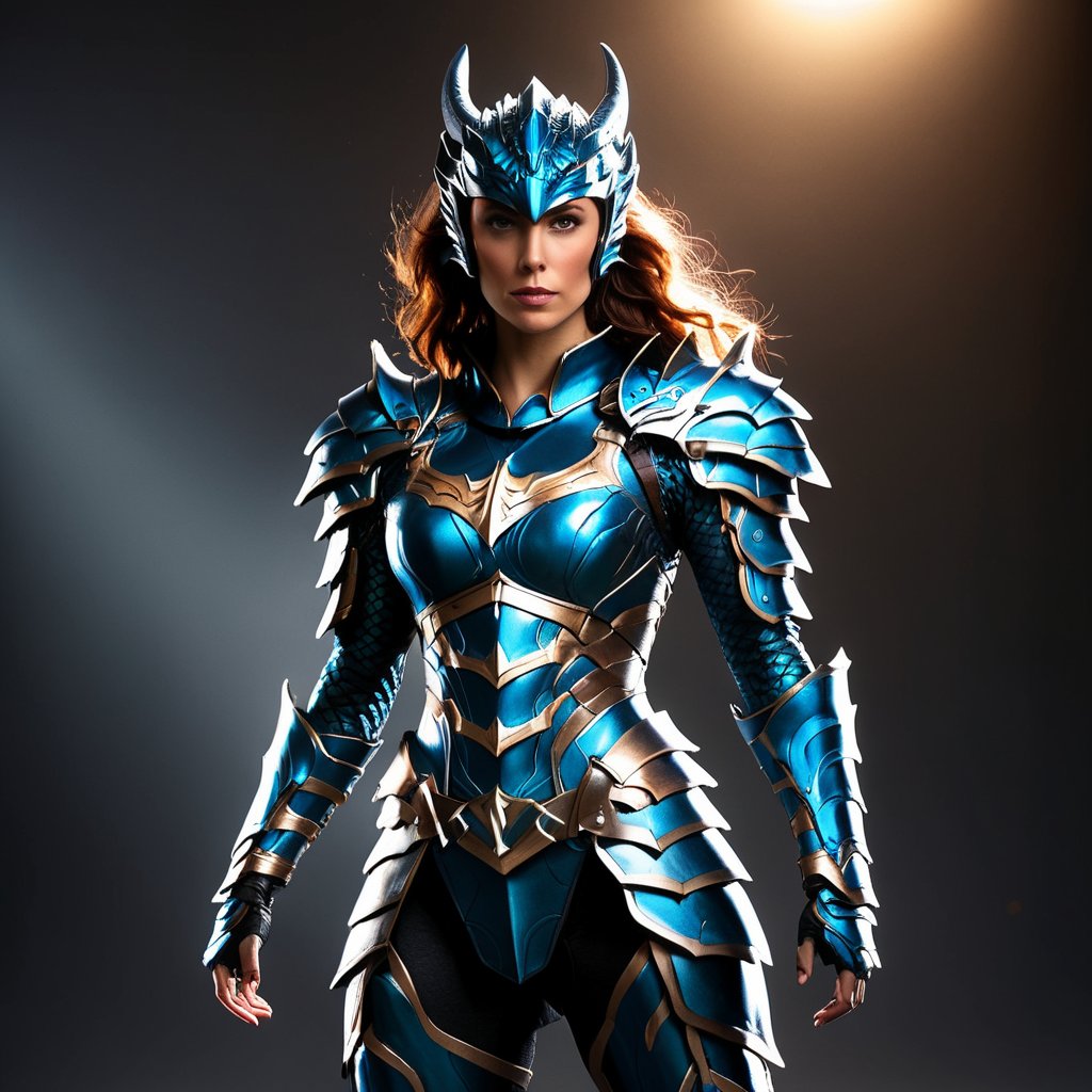 photo, dragonarmor,  woman , female superhero, in the style of standing, cinematic lighting, full body shot,  <lora:lora:0.75>