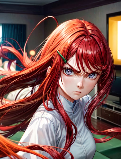 best quality, masterpiece, highres, detailed, digital artwork, <lora:Tools - add_detail:0.2>, KushinaUzu, long hair, red hair, swept bangs, hair clip, [grey eyes: purple eyes: 0.75], mature woman, white shirt, green dress, <lora:Character - KushinaUzu:0.9>, living room, angry, floating hair, glowing, orange glow, 