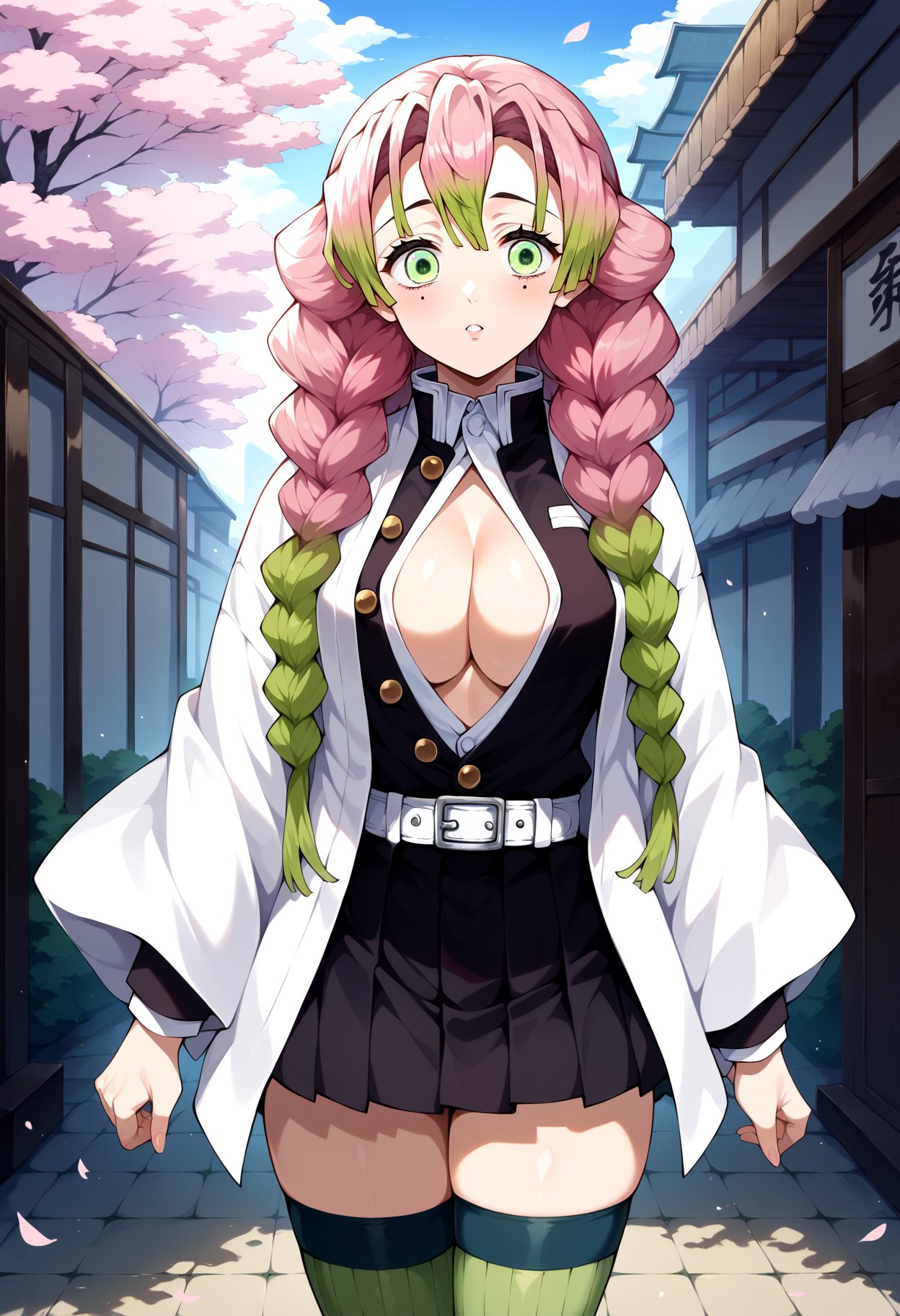 score_9, score_8_up, score_7_up, source_anime, aamitsuri, long hair, braid, multicolored hair, green eyes, mole under eye, large breasts, japanese clothes, cleavage, white jacket, haori, black shirt, open clothes, belt, pleated skirt, black skirt, green thighhighs, ribbed legwear, <lora:kanroji_mitsuri_ponyxl_v1:0.8>, standing, cowboy shot, outdoors