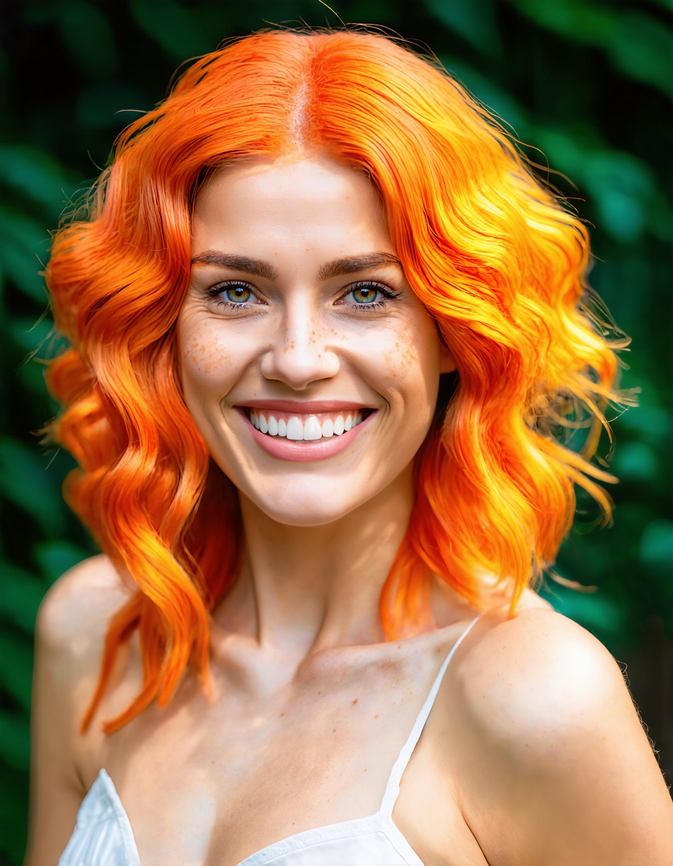 Ultra-detailed, highly realistic portrait of a smiling woman, bright orange and yellow wavy hair, green eyes with detailed irises, vibrant and bold makeup with matching eyeshadow, clear skin with freckles, white teeth with a broad smile, natural background with blurred foliage, high resolution, modern_style_boost_v1_slider_sd3m.safetensors