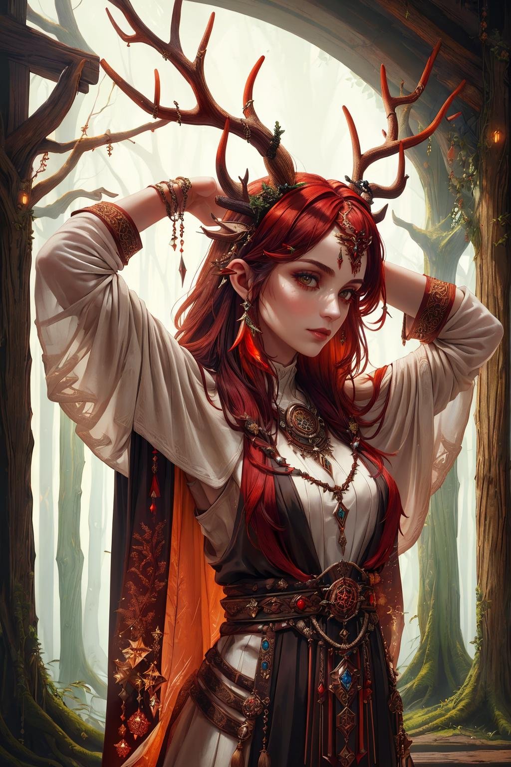 ((Masterpiece, best quality,edgQuality)),arms behind head,edgAntlers, a woman in mage robes,dressed in wooden antlers <lora:edgReindeerTeamAntlers:0.8>