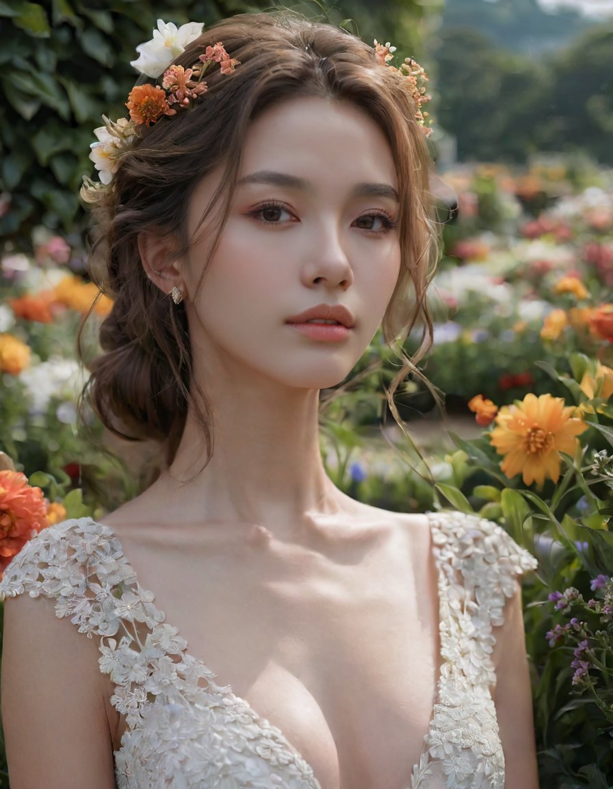 masterpiece, best quality, 1girl, (extreme detailed face, detailed skin), (head and shoulders portrait:0.6), (deep v dress, graceful girl, outdoor, flower garden),