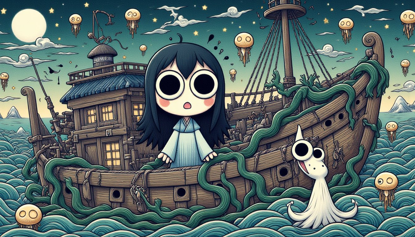 A simple rendering of A mystical siren, set in a foreboding, ancient shipwreck, tangled seaweed, creaking wooden hull, dimly glowing jellyfish lanterns, mist-shrouded ocean, eerie singing voice, flowing white gown, sense of being summoned.