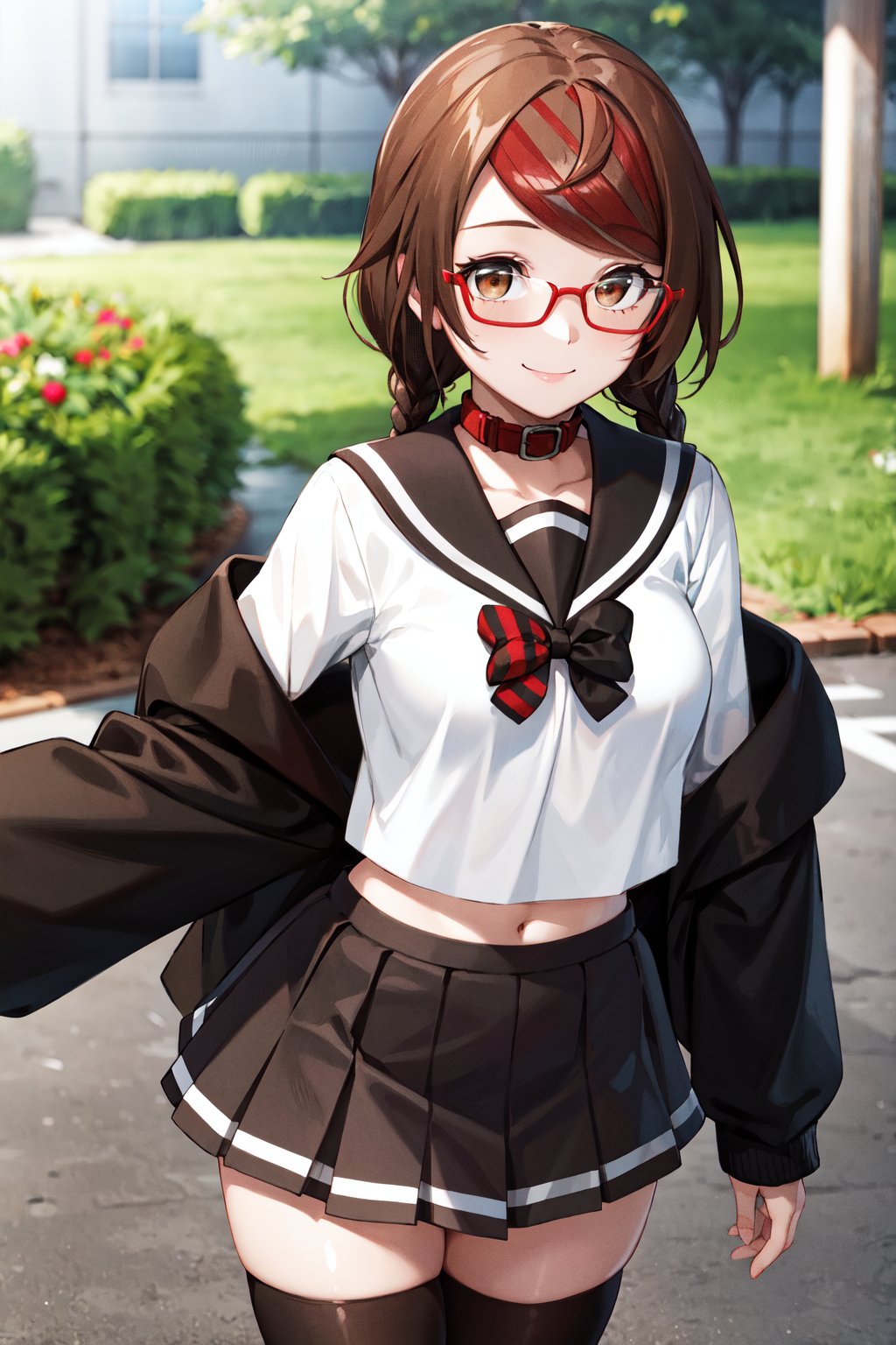 masterpiece, best quality, highres, aamisaki, twin braids, multicolored hair, brown eyes, red-framed eyewear, red collar, serafuku, sailor collar, multicolored bow, sailor shirt, white shirt, (off shoulder:1.2), black jacket, pleated skirt, black skirt, black thighhighs, <lora:sakimiya_misaki_v1:0.7>, standing, cowboy shot, outdoors, smile