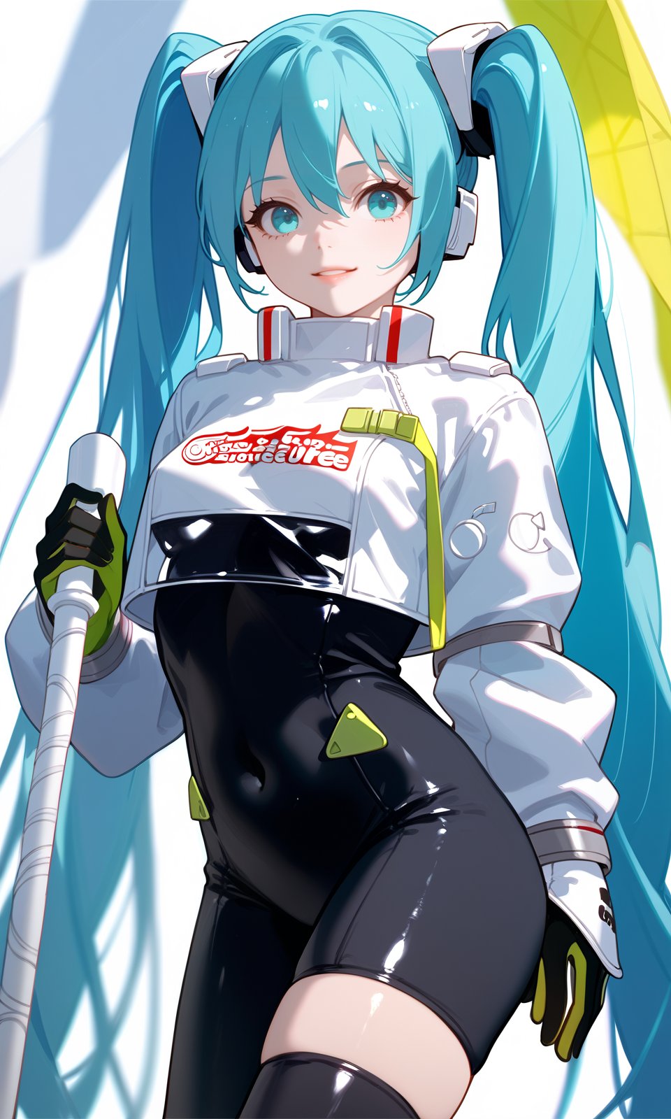 score_9, score_8_up, score_7_up, score_6_up, BREAK1girl, miku22, aqua eyes, aqua hair, black bodysuit, breasts, covered navel, cowboy shot, hatsune miku, long hair, looking at viewer, race queen, skin tight, solo, thighhighs, twintails, very long hair, zipper,looking at viewer, arms at sides,masterpiece, absurdres,<lora:RacingMiku2022_Pony:1>