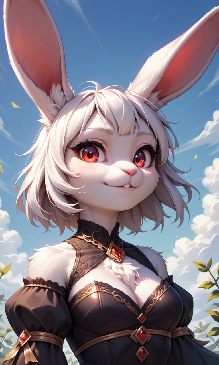 score_9, score_8_up, score_7_up, score_6_up, score_5_up, score_4_up, source_furry,BREAK,detailed face eyes and fur, 1girl, solo, rabbit girl, clothed, body fur, white rabbit, white fur, detailed fluffy fur, looking at viewer, red eyes, black dress, upper body