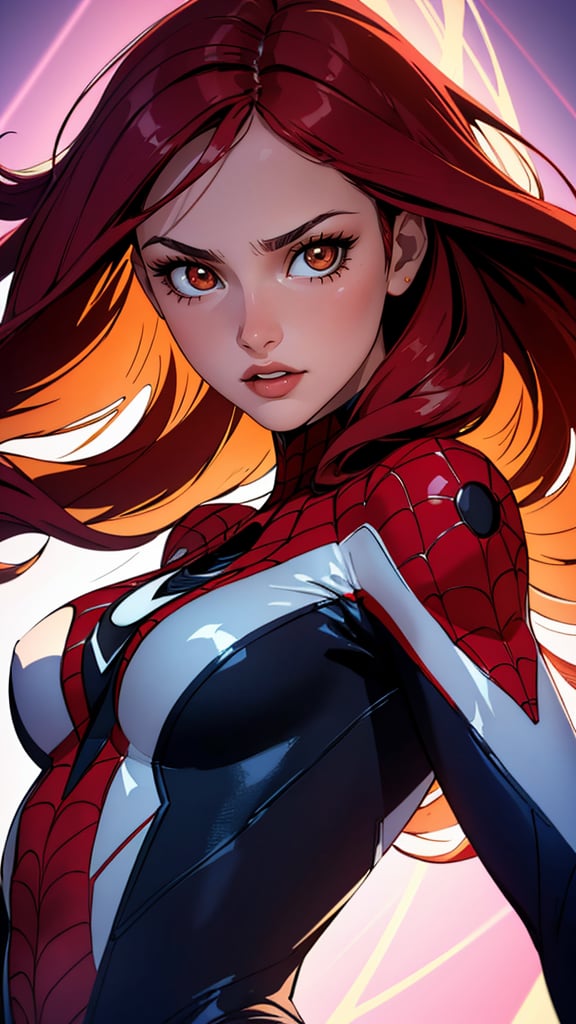 (masterpiece, best quality, highres:1.2), (intricate and beautiful:1.2), (detailed light:1.2), (colorful, dynamic angle), upper body shot, fashion photography of cute, intense long red hair, Mary Jane in spiderman suit, flirting with POV, dynamic pose, soft light passing through hair, (abstract background:1.3), (cinematic),