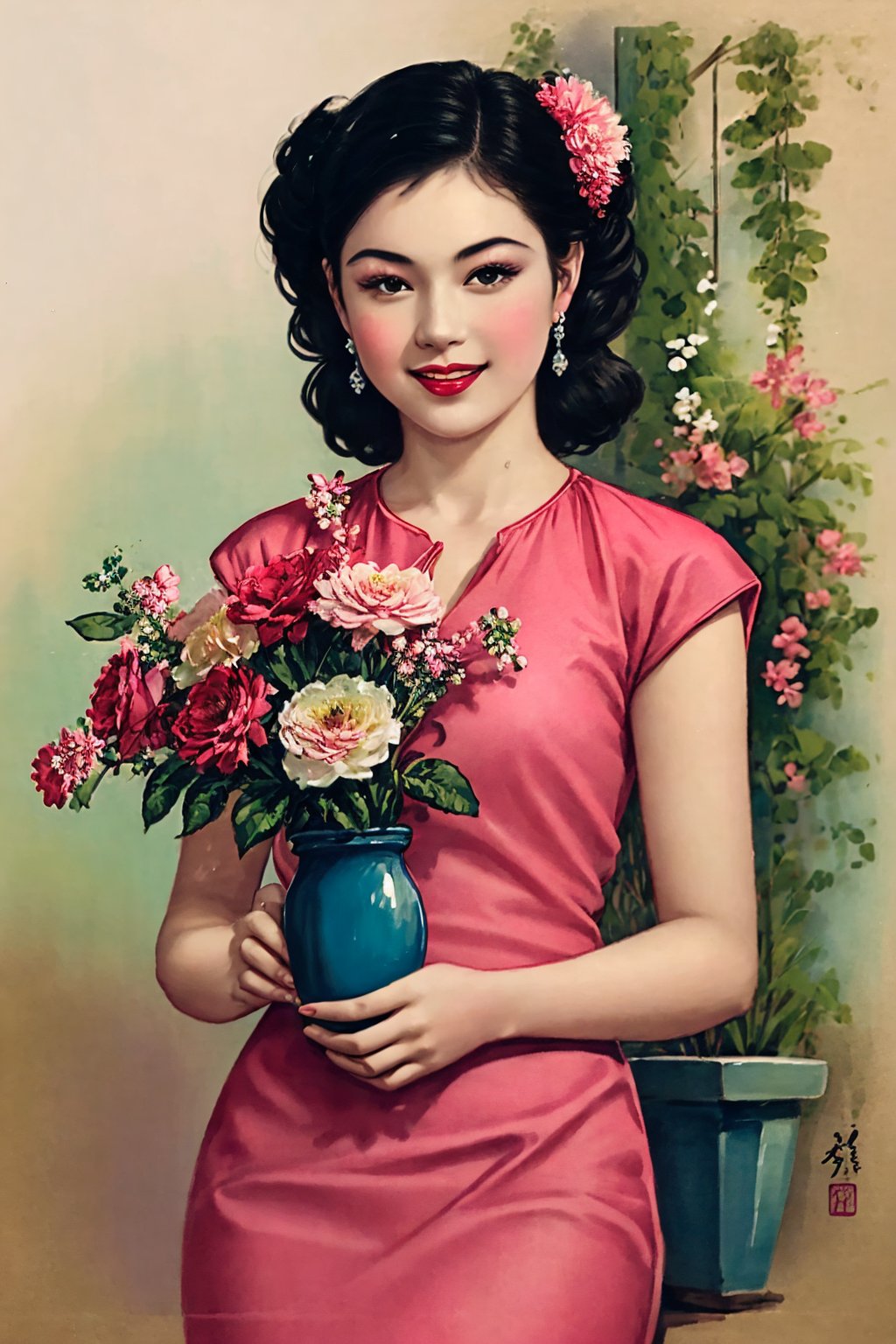 Poster, 1girl, solo, smile, black hair, hair ornament, dress, holding flower, earrings, hair flower, pink dress, pink flower, realistic, holding flower, vase