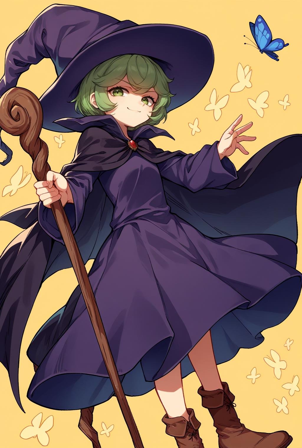 score_9, score_8_up, source_anime, looking at viewer, solo,<lora:ShierkePdxlDwnsty:0.8>, green hair, short hair, witch hat, cape, dress,  robe, long sleeves, boots, brown footwear, brooch, holding staff, from side, smug, yellow background, abstract background, butterfly, 